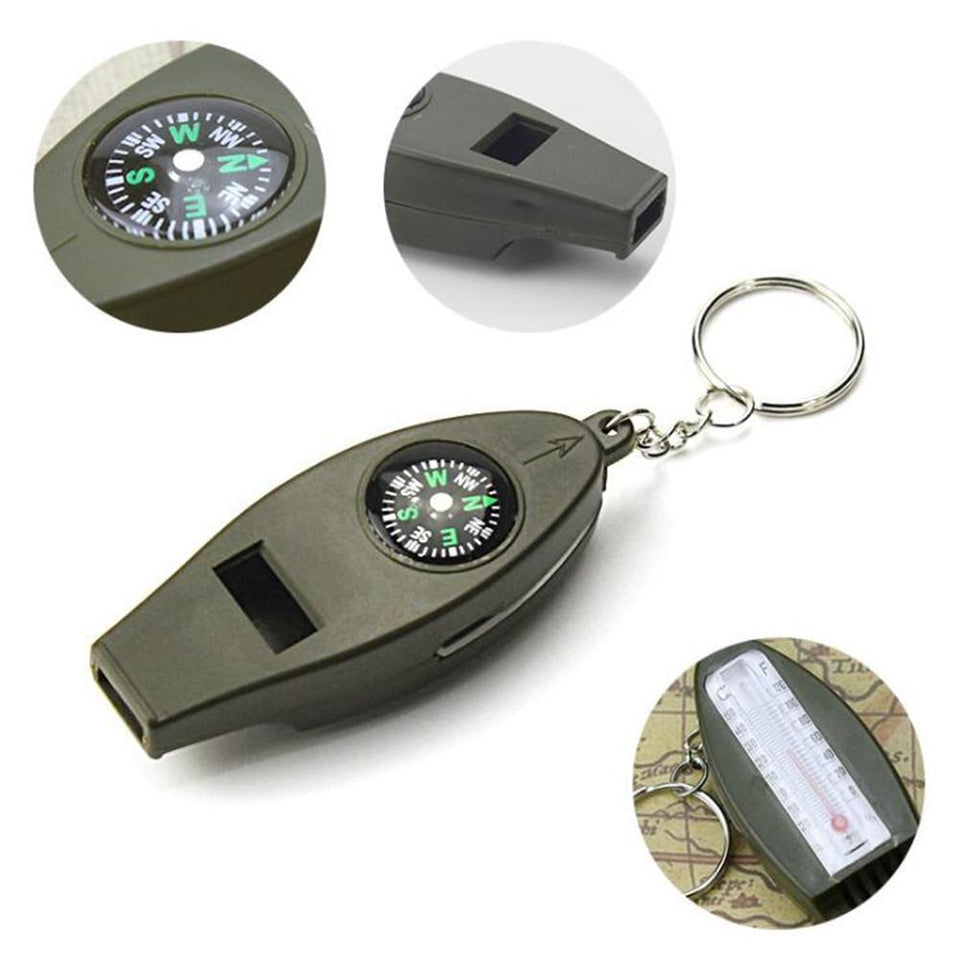 HobbyLane 4 in 1 Outdoor Emergency Whistle Compass Magnifier Thermometer Survival Kits with Keychain for Travel Camping Hiking