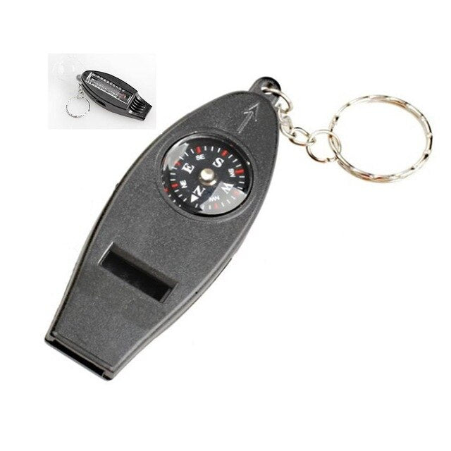 HobbyLane 4 in 1 Outdoor Emergency Whistle Compass Magnifier Thermometer Survival Kits with Keychain for Travel Camping Hiking