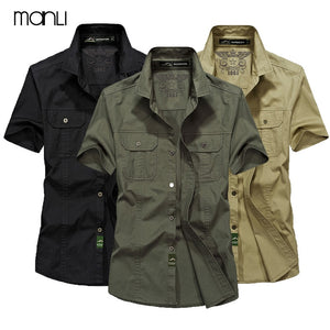 MANLI Outdoor Men's Summer Shirts Brand Short Sleeve Shirt 100% Pure Cotton jeep Army Green Clothing Fishing Trekking Hiking