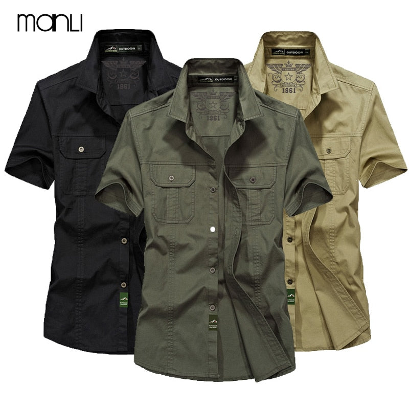 MANLI Outdoor Men's Summer Shirts Brand Short Sleeve Shirt 100% Pure Cotton jeep Army Green Clothing Fishing Trekking Hiking